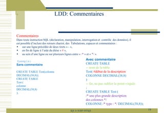 Commentaires
Dans toute instruction SQL (déclaration, manipulation, interrogation et contrôle des données), il
est possible d’inclure des retours chariot, des Tabulations, espaces et commentaires :
 sur une ligne précédée de deux tirets «-- »,
 en fin de ligne à l’aide du dièse « # »,
 au sein d’une ligne ou sur plusieurs lignes entre « /* » et « */ ».
Exemple:
Sans commentaire
CREATE TABLE Test(colonne
DECIMAL(38,8));
CREATE TABLE
Test (
colonne
DECIMAL(38,8)
);
Avec commentaire
CREATE TABLE
-- nom de la table
Test( #début de la description
COLONNE DECIMAL(38,8)
)
-- fin, ne pas oublier le point-virgule.
;
CREATE TABLE Test (
/* une plus grande description
des colonnes */
COLONNE /* type : */ DECIMAL(38,8));
LDD: Commentaires
19
SQL le SGBD MYSQL
 
