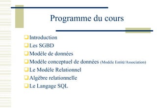 Programme du cours
❑Introduction
❑Les SGBD
❑Modèle de données
❑Modèle conceptuel de données (Modèle Entité/Association)
❑Le Modèle Relationnel
❑Algèbre relationnelle
❑Le Langage SQL
 