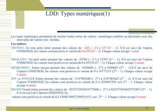 Les types numériques permettent de stocker toutes sortes de valeurs numériques entières ou décimales avec des
intervalles de valeurs très étendus.
Les entiers:
TINYINT: Un très petit entier prenant des valeurs de –128 (– 27) à 127 (27 – 1). S’il est suivi de l’option
UNSIGNED, les valeurs sont positives et varient de 0 à 255 (28 – 1). Chaque valeur occupe 1 octet.
SMALLINT: Un petit entier prenant des valeurs de –32768 (– 215) à 32767 (215 – 1). S’il est suivi de l’option
UNSIGNED, les valeurs sont positives et varient de 0 à 65535 (216 – 1). Chaque valeur occupe 2 octets.
MEDIUMINT: Entier moyen prenant des valeurs de –8388608 (– 223) à 8388607 (223 – 1).S’il est suivi de
l’option UNSIGNED, les valeurs sont positives et varient de 0 à 16777215 (224 – 1). Chaque valeur occupe
3 octets.
INT ou INTEGER Entier prenant des valeurs de –2147483648 (– 231) à 2147483647 (231 – 1). S’il est suivi de
l’option UNSIGNED, les valeurs sont positives et varient de 0 à 4294967295 soit 232 – 1. Chaque valeur
occupe 4 octets.
BIGINT Grand entier prenant des valeurs de –9223372036854775808 (– 263) à 9223372036854775807 (263 – 1).
S’il est suivi de l’option UNSIGNED, les
valeurs sont positives et varient de 0 à 18446744073709551615, soit 264 – 1. Chaque valeur occupe 8 octets
LDD: Types numériques(1)
23
SQL le SGBD MYSQL
 
