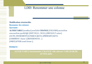 Modifications structurelles
Renommer des colonnes
Syntaxe:
ALTER TABLE [nomBase].nomTable CHANGE [COLUMN] ancienNom
nouveauNom typeMySQL [NOT NULL | NULL] [DEFAULT valeur]
[AUTO_INCREMENT] [UNIQUE [KEY] | [PRIMARY] KEY]
[COMMENT 'chaine’] [REFERENCES ...]
[FIRST|AFTER nomColonne ];
Exemple:
LDD: Renommer une colonne
32
SQL le SGBD MYSQL
ALTER TABLE fonctionnaire CHANGE ville adresse VARCHAR(30)
AFTER nbH;
 