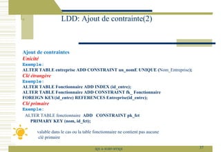 Ajout de contraintes
Unicité
Exemple:
ALTER TABLE entreprise ADD CONSTRAINT un_nomE UNIQUE (Nom_Entreprise);
Clé étrangère
Exemple:
ALTER TABLE Fonctionnaire ADD INDEX (id_entre);
ALTER TABLE Fonctionnaire ADD CONSTRAINT fk_ Fonctionnaire
FOREIGN KEY(id_entre) REFERENCES Entreprise(id_entre);
Clé primaire
Exemple:
ALTER TABLE fonctionnaire ADD CONSTRAINT pk_fct
PRIMARY KEY (nom, id_fct);
valable dans le cas ou la table fonctionnaire ne contient pas aucune
clé primaire
LDD: Ajout de contrainte(2)
37
SQL le SGBD MYSQL
 