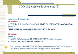 Suppression de contraintes
Clé étrangère
ALTER TABLE [nomBase].nomTable DROP FOREIGN KEY nomContrainte;
Exemple:
ALTER TABLE fonctionnaire DROP FOREIGN KEY fk_fct_entre;
Clé primaire
Exemple:
 ALTER TABLE commande DROP FOREIGN KEY fk_client_commande;
 ALTER TABLE client DROP PRIMARY KEY;
Si la clé primaire à supprimée est référencée par des clés étrangères d’autres tables, il
faut d’abord ôter les contraintes de clé étrangère de ces autres tables.
LDD: Suppression de contrainte (2)
39
SQL le SGBD MYSQL
 