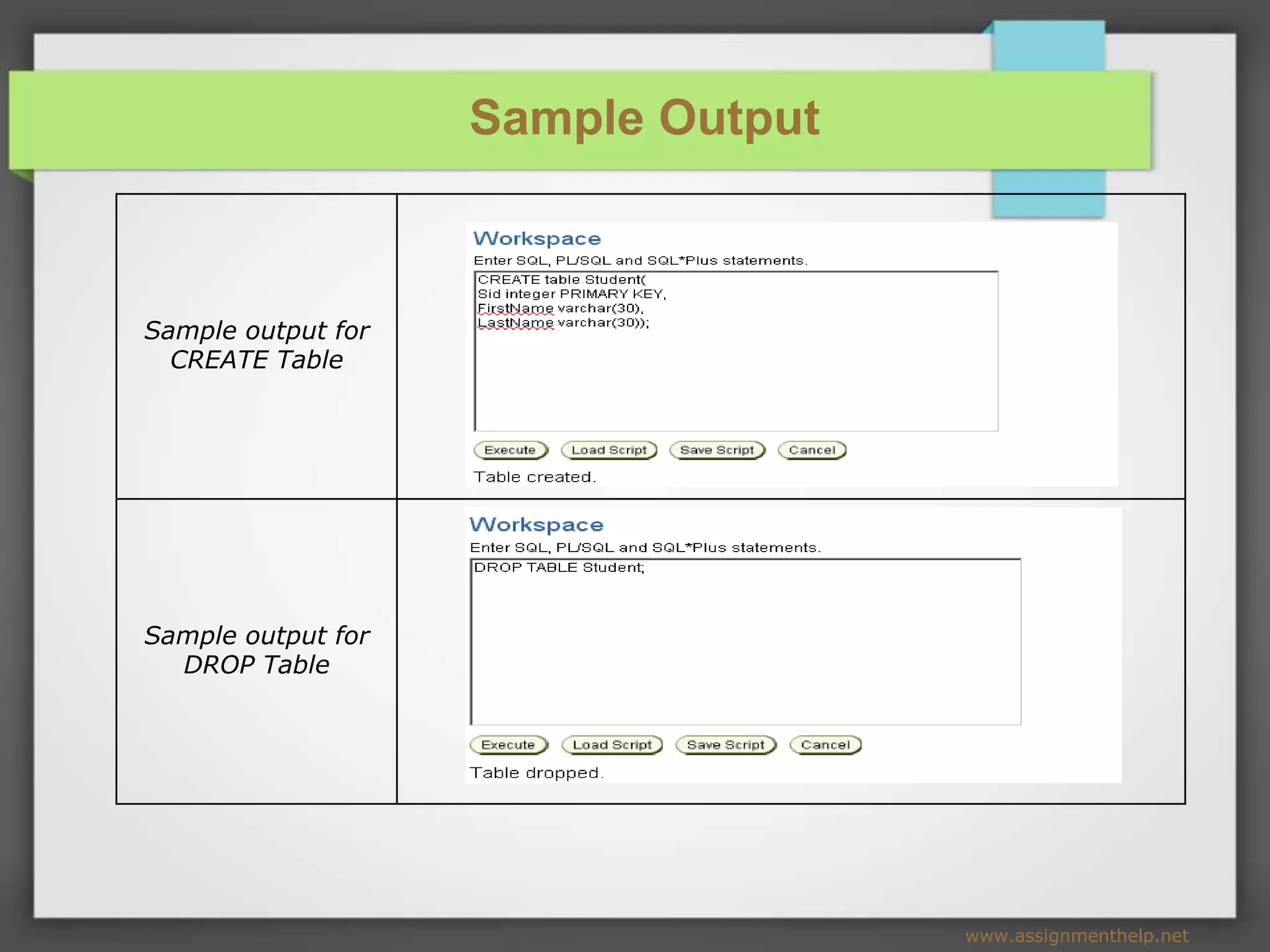 Sample Output www.assignmenthelp.net Sample output for CREATE Table Sample output for DROP Table 