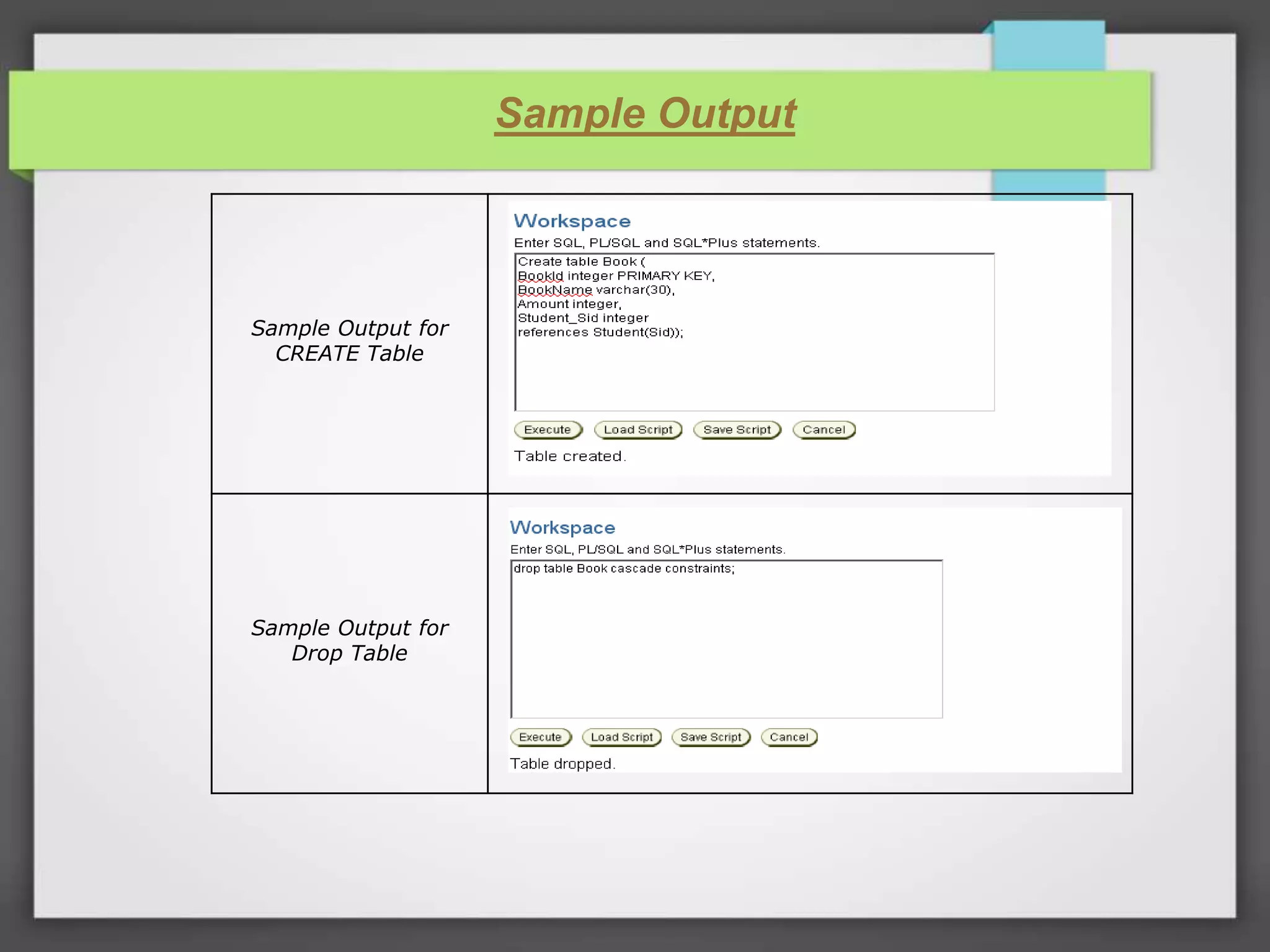 Sample Output Sample Output for CREATE Table Sample Output for Drop Table 
