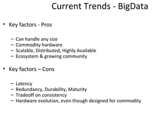 Current Trends - BigData
• Key factors - Pros

   –   Can handle any size
   –   Commodity hardware
   –   Scalable, Distr...