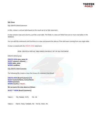 SQL Views
SQL CREATE VIEW Statement
In SQL, a view is a virtual table based on the result-set of an SQL statement.
A view contains rows and columns, just like a real table. The fields in a view are fields from one or more real tables in the
database.
You can add SQL statements and functions to a view and present the data as if the data were coming from one single table.
A view is created with the CREATE VIEW statement.
VIEW: CREATES A VIRTUAL TABLE BASED ON RESULT SET OF SQL STATEMENT.
CREATE VIEW Syntax
CREATE VIEW view_name AS
SELECT column1, column2, ...
FROM table_name
WHERE condition;
SQL CREATE VIEW Examples
The following SQL creates a view that shows all customers from Brazil:
CREATE VIEW [Brazil Customers] AS
SELECT CustomerName, ContactName
FROM Customers
WHERE Country = 'Brazil';
We can query the view above as follows:
SELECT * FROM [Brazil Customers];
TABLE 1 TID, TNAME, TCITY, TID - PK
TABLE 2 TDATE, T2ID2, T2NAME, TID TID-FK, T2ID2 - PK
Powered by TCPDF (www.tcpdf.org)
Powered by TCPDF (www.tcpdf.org)
Powered by TCPDF (www.tcpdf.org)
 
