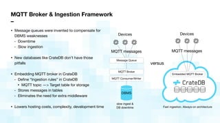 MQTT Broker & Ingestion Framework
–
• Message queues were invented to compensate for
DBMS weaknesses

- Downtime

- Slow ingestion

• New databases like CrateDB don’t have those
pitfalls

• Embedding MQTT broker in CrateDB 

- Deﬁne “Ingestion rules” in CrateDB

• MQTT topic —> Target table for storage

- Stores messages in tables

- Eliminates the need for extra middleware

• Lowers hosting costs, complexity, development time
Message Queue
Devices
MQTT messages
versus
DBMS
slow ingest &
DB downtime Fast ingestion. Always-on architecture
Embedded MQTT Broker
MQTT messages
Devices
MQTT Broker
MQTT Consumer/Writer
 