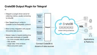 CrateDB Output Plugin for Telegraf
–
• Telegraf is a plugin-driven server for
collecting metrics, usually connecting
to InﬂuxDB 
• New Telegraf plug-in writes to
CrateDB via the PostgreSQL protocol

• More turnkey integration with popular
time series data sources

• Makes it easy to migrate existing time
series data workloads to CrateDB

- For more complex data & queries

- SQL access

- Larger data / time windows

- More concurrent users
Applications

& Platforms
shared-nothing architecture
System
Stats
DBs
Networks
Message

Queues
Apps
Telegraf
Connect CrateDB to
dozens of data sources
SQL
 