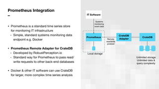 Prometheus Integration
–
• Prometheus is a standard time series store
for monitoring IT infrastructure

- Simple, standard systems monitoring data
endpoint e.g. Docker

• Prometheus Remote Adapter for CrateDB
- Developed by RobustPerception.io

- Standard way for Prometheus to pass read/
write requests to other back-end databases

• Docker & other IT software can use CrateDB
for larger, more complex time series analysis
CrateDB
Adapter
Local storage
Unlimited storage
Unlimited data &
query complexity
Remote
read/write
protocol
Prometheus
IT Software
CrateDB
Systems
monitoring
event data
 