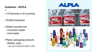 Customer - ALPLA 
–
•172 factories in 45 countries

•18,000 employees

•Global manufacturer

- Innovation leader

- Cost leader

•Plastic packaging products

- Bottles, caps, …

• eg. every CocaCola bottle in USA
 