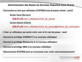 - Connectez en tant que utilisateur SYSTEM (mot de passe choisi : assir)
Administration des Bases de Données Réparties sous Oracle
- Créer un utilisateur qui porte votre nom et le mot de passe : assir
- Donnez le privilège CONNECT à ce nouveau utilisateur
- Donnez le privilège Ressource à ce nouveau utilisateur
- Donnez le privilège DBA à ce nouveau utilisateur
SQLPLUS nom_utilisateur/mot_de_passe
SQLPLUS nom_utilisateur/mot_de_passe@chaine_de_connexion
Accès local (Serveur)
Accès distant (Client)
- Déconnectez SYSTEM puis se connectez avec votre username/password
 