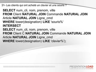 31- Les clients qui ont acheté un clavier et une souris ?
SELECT num_cli, nom, prenom, ville
FROM Client NATURAL JOIN Commande NATURAL JOIN
Article NATURAL JOIN Ligne_cmd
WHERE lower(designation) LIKE 'souris%‘
INTERSECT
SELECT num_cli, nom, prenom, ville
FROM Client C NATURAL JOIN Commande NATURAL JOIN
Article NATURAL JOIN Ligne_cmd
WHERE lower(designation) LIKE 'clavier%');
 