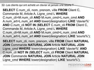 32- Les clients qui ont acheté un clavier et jamais une souris ?
SELECT C.num_cli, nom, prenom, ville FROM Client C,
Commande M, Article A, Ligne_cmd L WHERE
C.num_cli=M.num_cli AND M.num_cmd=L.num_cmd AND
A.num_art=L.num_art AND lower(designation) LIKE 'clavier%'
AND C.num_cli NOT IN (SELECT C.num_cli FROM Client C,
Commande M, Article A, Ligne_cmd L WHERE
C.num_cli=M.num_cli AND M.num_cmd=L.num_cmd AND
A.num_art=L.num_art AND lower(designation) LIKE 'souris%');
SELECT num_cli, nom, prenom, ville FROM Client NATURAL
JOIN Commande NATURAL JOIN Article NATURAL JOIN
Ligne_cmd WHERE lower(designation) LIKE 'clavier%' AND
C.num_cli NOT IN (SELECT num_cli FROM Client NATURAL
JOIN Commande NATURAL JOIN Article NATURAL JOIN
Ligne_cmd WHERE lower(designation) LIKE 'souris%');
 