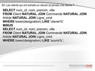 SELECT num_cli, nom, prenom, ville
FROM Client NATURAL JOIN Commande NATURAL JOIN
Article NATURAL JOIN Ligne_cmd
WHERE lower(designation) LIKE 'clavier%‘
MINUS
SELECT num_cli, nom, prenom, ville
FROM Client NATURAL JOIN Commande NATURAL JOIN
Article NATURAL JOIN Ligne_cmd
WHERE lower(designation) LIKE 'souris%’;
32- Les clients qui ont acheté un clavier et jamais une souris ?
 