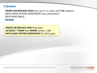 CREATE OR REPLACE VIEW Petit_pays
AS SELECT * FROM Pays WHERE surface < 100
WITH CHECK OPTION CONSTRAINT CK_Petit_pays;
3 Syntaxe
CREATE [OR REPLACE] VIEW nom_vue [ ( nv_nom_col)*] AS subquery
[WITH CHECK OPTION [CONSTRAINT nom_contrainte] ]
[WITH READ ONLY];
Exemple
 