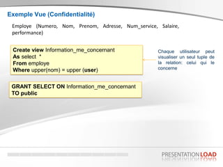 Exemple Vue (Confidentialité)
Employe (Numero, Nom, Prenom, Adresse, Num_service, Salaire,
performance)
Create view Information_me_concernant
As select *
From employe
Where upper(nom) = upper (user)
Chaque utilisateur peut
visualiser un seul tuple de
la relation: celui qui le
concerne
GRANT SELECT ON Information_me_concernant
TO public
 