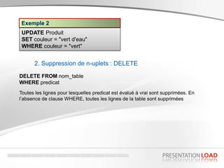 UPDATE Produit
SET couleur = "vert d'eau"
WHERE couleur = "vert"
Exemple 2
2. Suppression de n-uplets : DELETE
DELETE FROM nom_table
WHERE predicat
Toutes les lignes pour lesquelles predicat est évalué à vrai sont supprimées. En
l’absence de clause WHERE, toutes les lignes de la table sont supprimées
 
