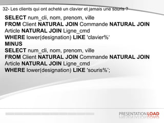 SELECT num_cli, nom, prenom, ville
FROM Client NATURAL JOIN Commande NATURAL JOIN
Article NATURAL JOIN Ligne_cmd
WHERE low...