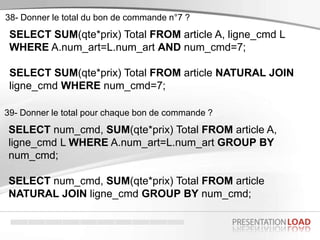 SELECT SUM(qte*prix) Total FROM article A, ligne_cmd L
WHERE A.num_art=L.num_art AND num_cmd=7;
SELECT SUM(qte*prix) Total...