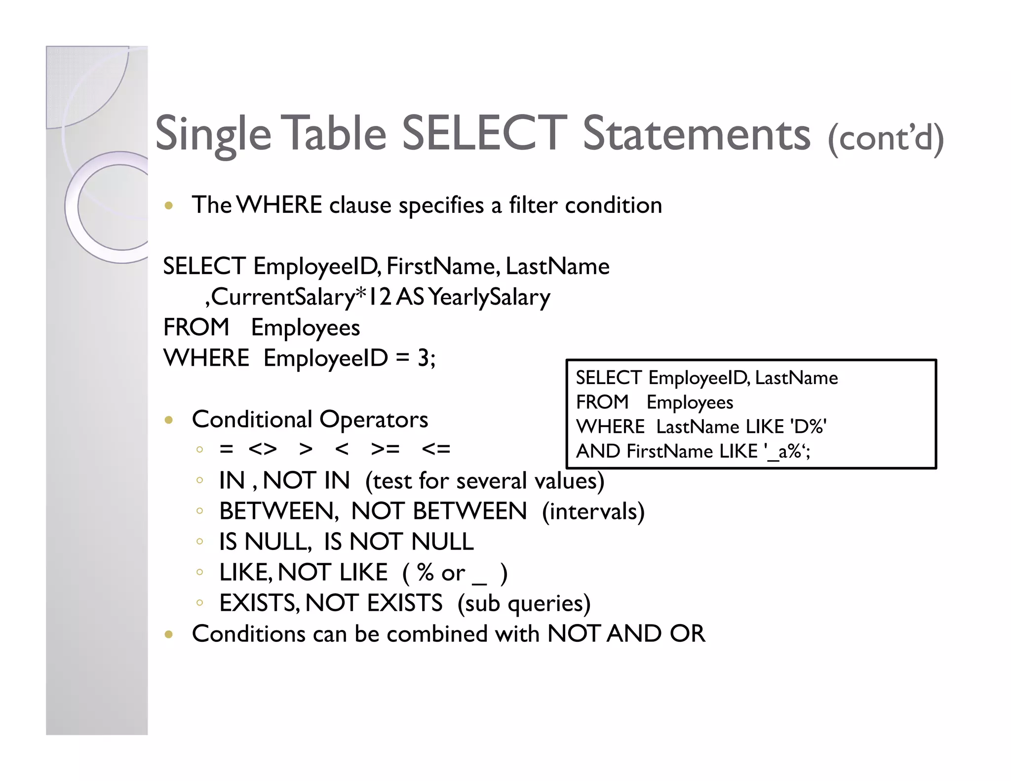 Single Table SELECT StatementsSingle Table SELECT Statements (cont’d)(cont’d)
TheWHERE clause specifies a filter condition
SELECT EmployeeID, FirstName, LastName
,CurrentSalary*12 ASYearlySalary
FROM Employees
WHERE EmployeeID = 3;
SELECT EmployeeID, LastName
FROM Employees
Conditional Operators
◦ = <> > < >= <=
◦ IN , NOT IN (test for several values)
◦ BETWEEN, NOT BETWEEN (intervals)
◦ IS NULL, IS NOT NULL
◦ LIKE, NOT LIKE ( % or _ )
◦ EXISTS, NOT EXISTS (sub queries)
Conditions can be combined with NOT AND OR
FROM Employees
WHERE LastName LIKE 'D%'
AND FirstName LIKE '_a%‘;
 