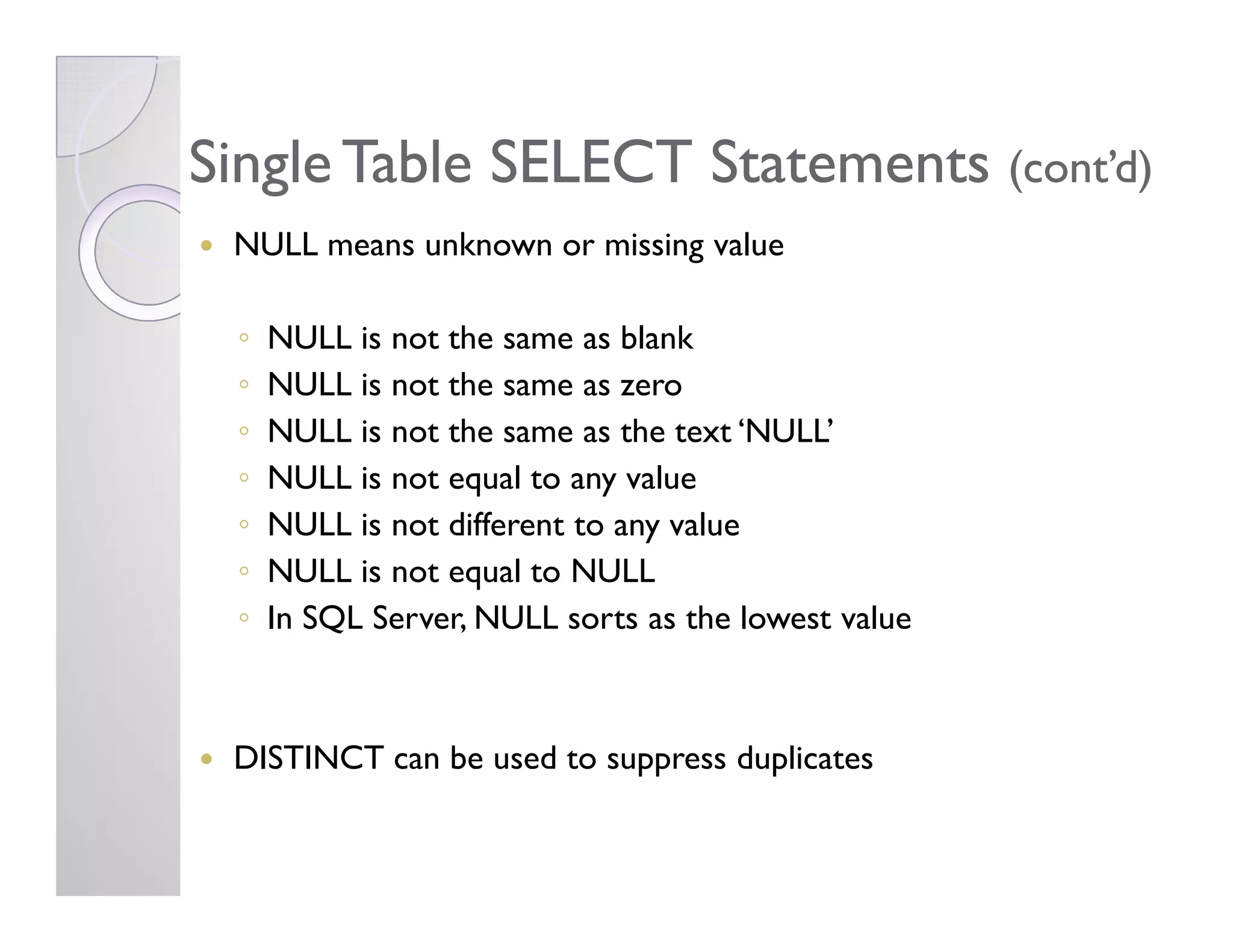 Single Table SELECT StatementsSingle Table SELECT Statements (cont’d)(cont’d)
NULL means unknown or missing value
◦ NULL is not the same as blank
◦ NULL is not the same as zero
◦ NULL is not the same as the text ‘NULL’
◦ NULL is not equal to any value◦ NULL is not equal to any value
◦ NULL is not different to any value
◦ NULL is not equal to NULL
◦ In SQL Server, NULL sorts as the lowest value
DISTINCT can be used to suppress duplicates
 