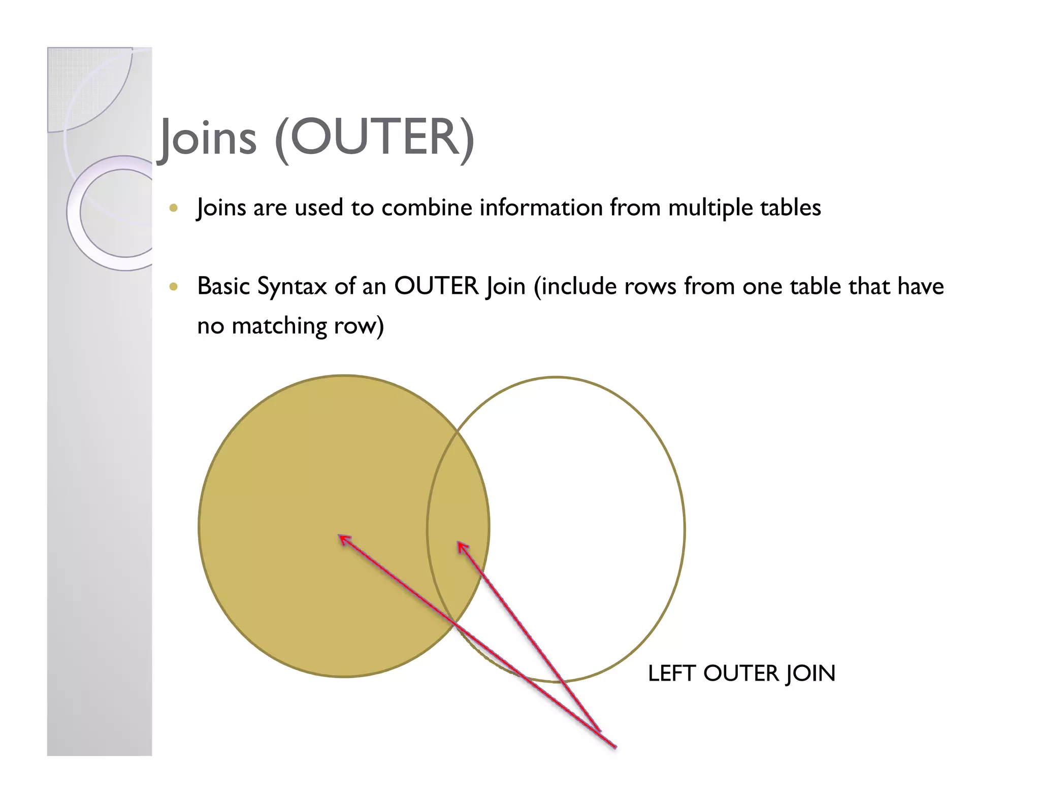 Joins (OUTER)Joins (OUTER)
Joins are used to combine information from multiple tables
Basic Syntax of an OUTER Join (include rows from one table that have
no matching row)
LEFT OUTER JOIN
 