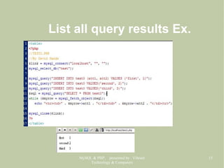 MySQL & PHP, presented by Vibrant
Technology & Computers
15
List all query results Ex.
 