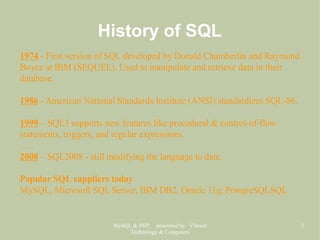 MySQL & PHP, presented by Vibrant
Technology & Computers
3
History of SQL
1974 - First version of SQL developed by Donald Chamberlin and Raymond
Boyce at IBM (SEQUEL). Used to manipulate and retrieve data in their
database.
1986 - American National Standards Institute (ANSI) standardizes SQL-86.
1999 – SQL3 supports new features like procedural & control-of-flow
statements, triggers, and regular expressions.
…..
2008 – SQL2008 - still modifying the language to date.
Popular SQL suppliers today
MySQL, Microsoft SQL Server, IBM DB2, Oracle 11g, PostgreSQLSQL
 