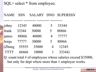 Elmasri and Navathe, Fundamentals of Database Systems, Fourth Edition
Copyright © 2004 Ramez Elmasri and Shamkant Navathe Slide 8-5
SQL> select * from employee;
NAME SSN SALARY DNO SUPERSSN
----- ---------- ---------- ---------- ----------
johny 12345 40000 5 33344
frank 33344 30000 5 88866
james 88866 40000 4 77777
borgs 77777 30000 5 88866
(Zhang 55555 35000 4 12345
TTTT 66666 10000 1 33344)
Q: count total # of employees whose salaries exceed $35000,
but only for dept where more than 1 employee works.
 