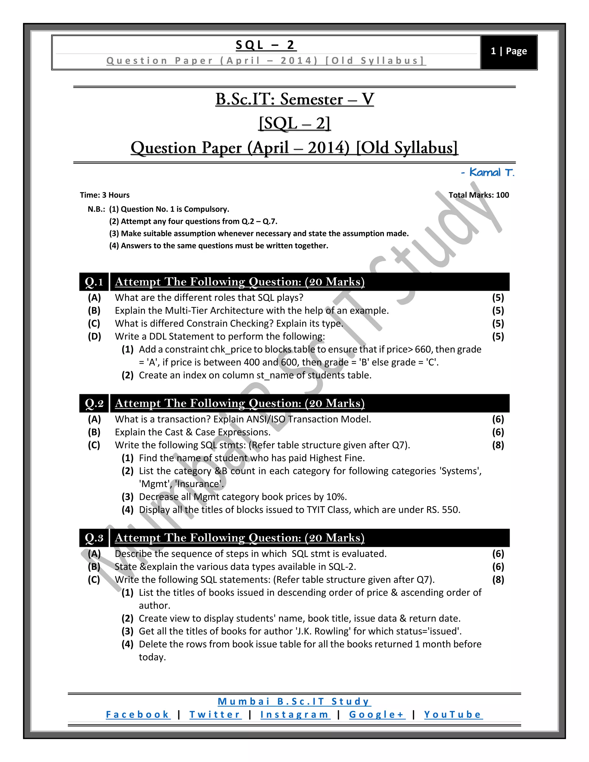 [Question Paper] SQL – 2 (Old Syllabus) [April / 2014] | PDF