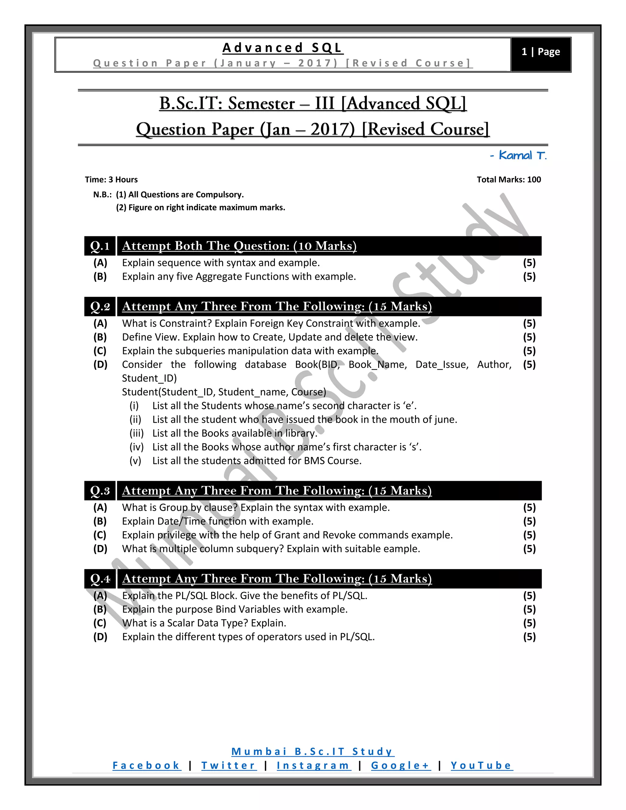 [Question Paper] Advanced SQL (Revised Course) [January / 2017] | PDF