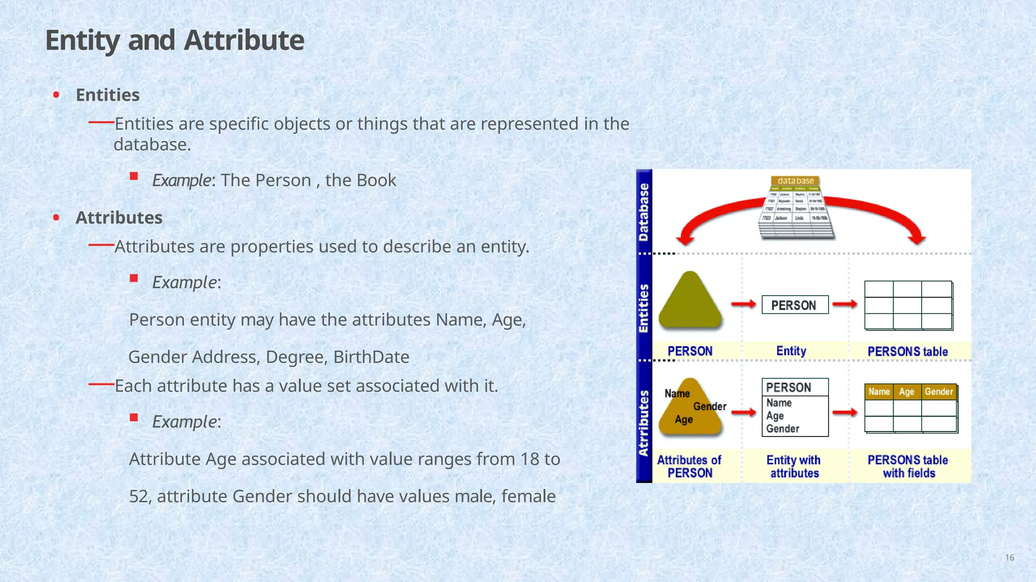 Entity and Attribute
• Entities
—Entities are specific objects or things that are represented in the
database.
 Example: The Person , the Book
• Attributes
—Attributes are properties used to describe an entity.
 Example:
Person entity may have the attributes Name, Age,
Gender Address, Degree, BirthDate
—Each attribute has a value set associated with it.
 Example:
Attribute Age associated with value ranges from 18 to
52, attribute Gender should have values male, female
16
 