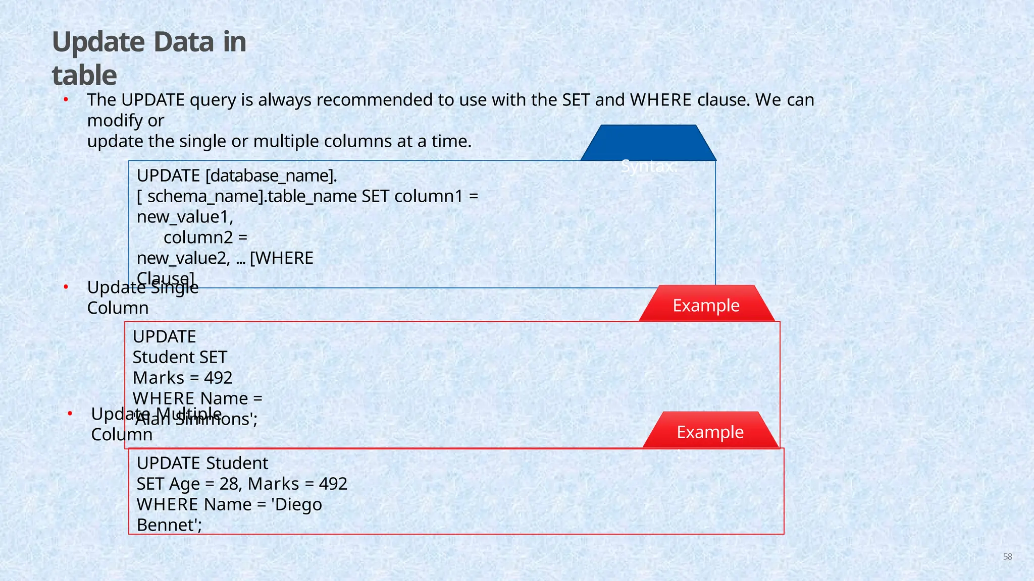 Update Data in
table
UPDATE [database_name].
[ schema_name].table_name SET column1 =
new_value1,
column2 =
new_value2, ... [WHERE
Clause]
• The UPDATE query is always recommended to use with the SET and WHERE clause. We can
modify or
update the single or multiple columns at a time.
Syntax:
UPDATE
Student SET
Marks = 492
WHERE Name =
'Alan Simmons';
Example
:
• Update Single
Column
UPDATE Student
SET Age = 28, Marks = 492
WHERE Name = 'Diego
Bennet';
Example
:
58
• Update Multiple
Column
 