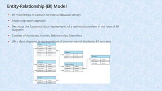Entity-Relationship (ER) Model
• ER model helps to capture conceptual database design
• Adopts top-down approach
• Describes the functional data requirements of a real-world problem in the form of ER
diagrams
• Consists of Attributes, Entities, Relationships, Identifiers
• UML class diagrams is representative of another way of displaying ER concepts
15
 