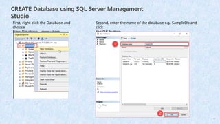 CREATE Database using SQL Server Management
Studio
First, right-click the Database and
choose
New Database… menu item.
Second, enter the name of the database e.g., SampleDb and
click
the OK button.
47
 