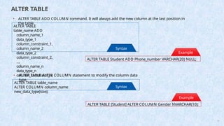 ALTER TABLE
ALTER TABLE
table_name ADD
column_name_1
data_type_1
column_constraint_1,
column_name_2
data_type_2
column_constraint_2,
...,
column_name_n
data_type_n
column_constraint_n;
Syntax
:
ALTER TABLE Student ADD Phone_number VARCHAR(20) NULL;
Example
:
• ALTER TABLE ADD COLUMN command. It will always add the new column at the last position in
the table.
ALTER TABLE table_name
ALTER COLUMN column_name
new_data_type(size);
Syntax
:
ALTER TABLE [Student] ALTER COLUMN Gender NVARCHAR(10);
Example
:
53
• ALTER TABLE ALTER COLUMN statement to modify the column data
type.
 