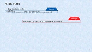 ALTER TABLE
ALTER TABLE table_name DROP CONSTRAINT [constraint_name]
Syntax
:
ALTER TABLE Student DROP CONSTRAINT PrimaryKey;
Example
:
55
• Drop Constraint on the
Column
 