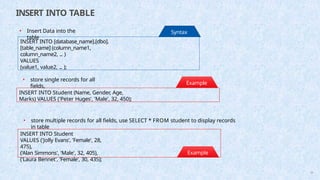 INSERT INTO TABLE
INSERT INTO [database_name].[dbo].
[table_name] (column_name1,
column_name2, ... )
VALUES
(value1, value2, ... );
Syntax
:
INSERT INTO Student (Name, Gender, Age,
Marks) VALUES ('Peter Huges', 'Male', 32, 450);
Example
:
• Insert Data into the
table
• store single records for all
fields,
INSERT INTO Student
VALUES ('Jolly Evans', 'Female', 28,
475),
('Alan Simmons', 'Male', 32, 405),
('Laura Bennet', 'Female', 30, 435);
Example
:
56
• store multiple records for all fields, use SELECT * FROM student to display records
in table
 