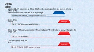 Delete
table
DELETE FROM table_name [WHERE Condition];
• Use the DELETE statement to delete data from the existing table in the current schema or
tables of the
schema on which you have the DELETE privilege.
Syntax:
DELETE FROM student WHERE id = 1;
Example
:
• delete Single
record
DELETE FROM student;
• delete Delete All Rows which results in Now, the Select * from Employee query will display the
empty table.
Example:
DROP TABLE IF EXISTS sales.revenues;
Example
:
59
• Drop a table that does not
exist
 