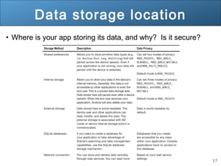 17
Data storage location
• Where is your app storing its data, and why? Is it secure?
 