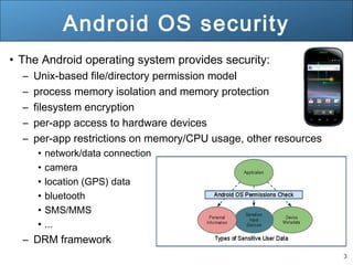 3
Android OS security
• The Android operating system provides security:
– Unix-based file/directory permission model
– process memory isolation and memory protection
– filesystem encryption
– per-app access to hardware devices
– per-app restrictions on memory/CPU usage, other resources
• network/data connection
• camera
• location (GPS) data
• bluetooth
• SMS/MMS
• ...
– DRM framework
 