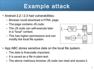7
Example attack
• Android 2.2 / 2.3 had vulnerabilities.
– Browser could download a HTML page.
– The page contains JS code.
– The JS code can self-execute later
in a "local" context.
– This has higher permissions and can
modify the local file system.
• App ABC stores sensitive data on the local file system.
– The data is financially important.
– It is saved as a file in plain-text.
– The above malicious browser JS code can read and access it.
 