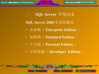 一、  SQL Server  环境需求 SQL Server 2000 常见的版本  企业版（ Enterprise Edition ） 标准版（ Standard Edition ） 个人版（ Personal Edition ） 开发者版（ Developer Edition ）  