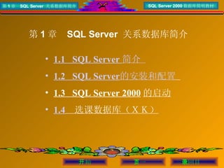 第 1 章   SQL Server  关系数据库简介 ,[object Object],[object Object],[object Object],[object Object],开始 返回目录 