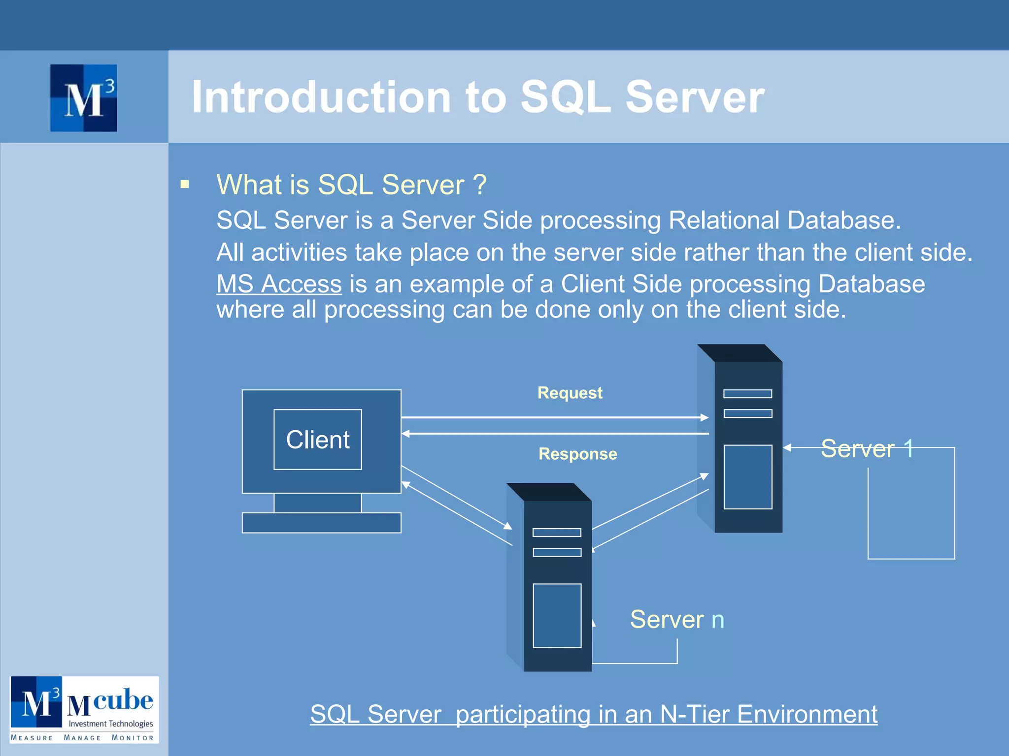 Introduction to SQL Server What is SQL Server ? SQL Server is a Server Side processing Relational Database. All activities take place on the server side rather than the client side. MS Access  is an example of a Client Side processing Database where all processing can be done only on the client side. Client Request Response Server   1 Server   n SQL Server  participating in an N-Tier Environment 