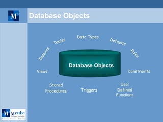 Database Objects Tables Constraints Indexes Rules Views Defaults Data Types Stored Procedures Triggers User  Defined  Functions Database Objects 