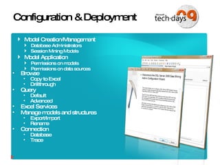 Configuration & Deployment Model Creation/Management Database Administrators Session Mining Models Model Application Permissions on models Permissions on data sources Browse Copy to Excel Drillthrough Query Default Advanced Excel Services Manage models and structures Export/Import Rename Connection Database Trace 