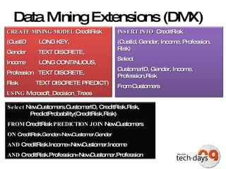 Data Mining Extensions (DMX)  CREATE MINING MODEL  CreditRisk (CustID   LONG KEY, Gender  TEXT DISCRETE, Income    LONG CONTINUOUS, Profession  TEXT DISCRETE, Risk   TEXT DISCRETE PREDICT) USING  Microsoft_Decision_Trees INSERT INTO   CreditRisk  (CustId, Gender, Income, Profession, Risk) Select  CustomerID, Gender, Income, Profession,Risk From Customers Select  NewCustomers.CustomerID, CreditRisk.Risk,  PredictProbability(CreditRisk.Risk) FROM  CreditRisk  PREDICTION JOIN  NewCustomers ON   CreditRisk.Gender=NewCustomer.Gender   AND  CreditRisk.Income=NewCustomer.Income AND  CreditRisk.Profession=NewCustomer.Profession 