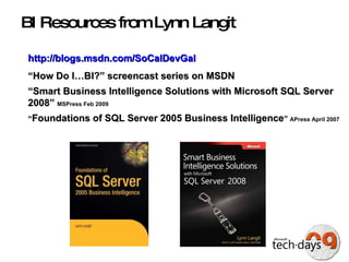 BI Resources from Lynn Langit http :// blogs.msdn.com/SoCalDevGal “ How Do I…BI?” screencast series on MSDN “ Smart Business Intelligence Solutions with Microsoft SQL Server 2008”  MSPress Feb 2009 “ Foundations of SQL Server 2005 Business Intelligence ”  APress April 2007 