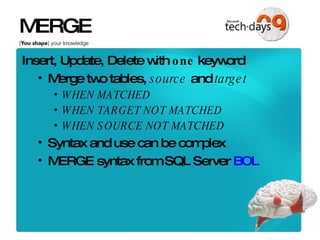 MERGE Insert, Update, Delete with  one  keyword Merge two tables,  source  and  target WHEN MATCHED WHEN TARGET NOT MATCHED WHEN SOURCE NOT MATCHED Syntax and use can be complex MERGE syntax from SQL Server  BOL 